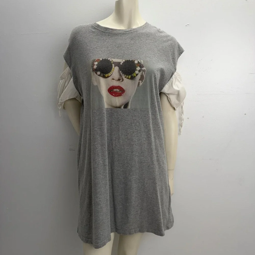 RD Style Graphic T-Shirt Dress Gray Cotton Puff Sleeve Pop Art Cold Shoulder L - Picture 1 of 10